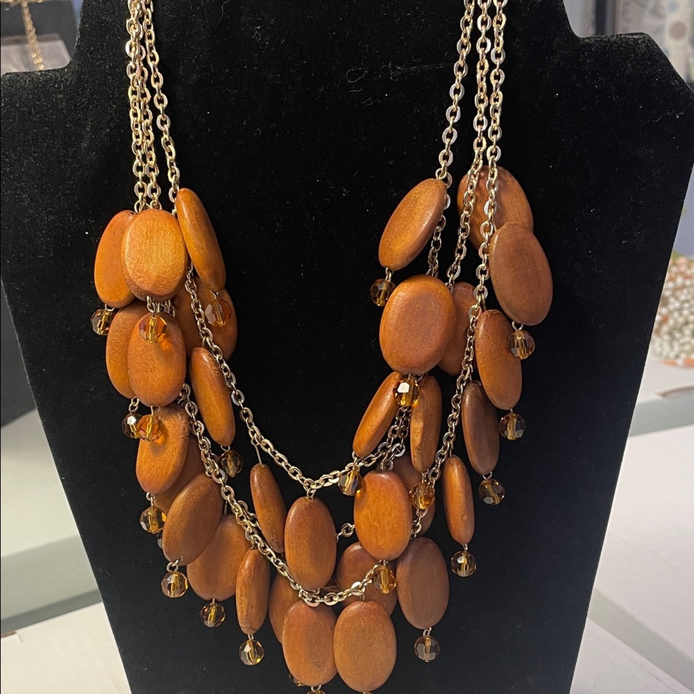 Chic Multi Strand Wooden Bead Necklace with Gold Chain